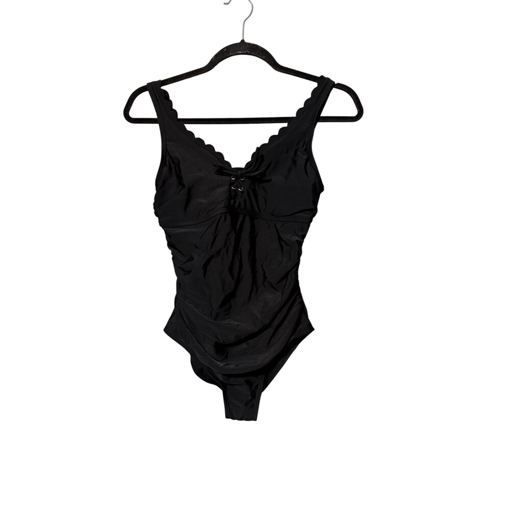 Kona Sol One Piece Swimsuit Black Ruched Lace Up Scallop Trim Size S